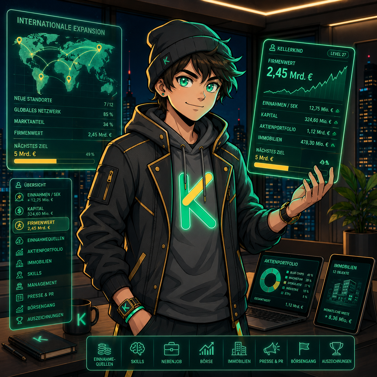 Kellerkind — der Protagonist mit holografischen Dashboards